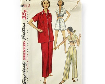 1950s Vintage Sewing Pattern - Misses' Two-Piece Pajamas - Shorties with Midriff Halter - Simplicity 4312 / Size 12