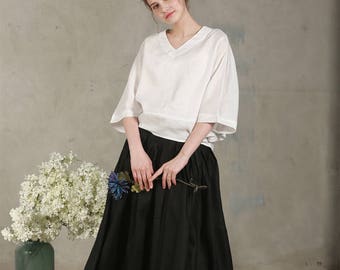 linen blouse in white (custom color), bishop sleeve linen tunic top, V neck blouse, oversized blouse, linen tunic, linen top, linen shirt