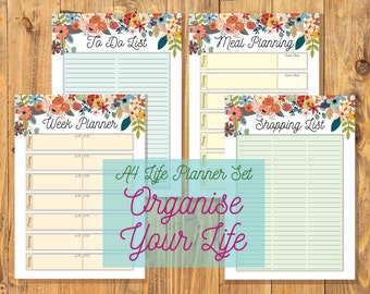Printable Week Life Planners - 4 Page Set - A4 Planner - Floral Organisation Set - To Do, Shopping List, Meal Planning, PDF Digital Download