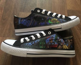 Womens/girls beauty and the beast stained glass inspired canvas low tops,UK sizes available 3,4,5,6,7 and 8