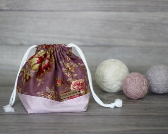 Knitting Project Bag | Mauve Pink Floral Sock Sack Yarnmonster Knitting Project Bag