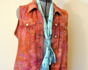 Orange Small Cotton VEST - Cherry Red Hand Dyed Urban Upcycled Southern Lady Cotton Denim Vest - Adult Womens Small (38 chest)