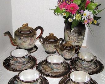 1940s 22 Piece Embossed Moriage 3-D Dragon Tea Set Made In Japan with 24kt accents - Tea Pot,Creamer,Sugar,Cups,Saucers,Dessert Plates,Vase