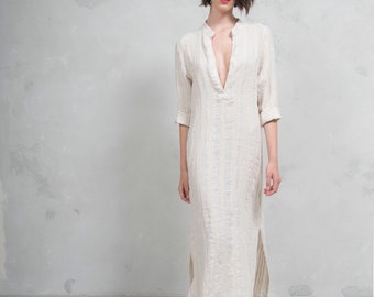 EMMA latte striped woven linen with pattern. ONE SIZE. Quality linen shirtdress. *Lux collection*