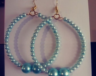 Aqua Glass Pearls Memory Wire Hoop Earrings