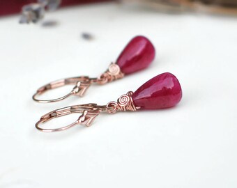 Ruby Teardrop Earrings | Red Smooth Drop | 14k Rose Gold Fill Fleur De Lis Leverback Dangles | Everyday Small Earrings | Gift Ready to Ship