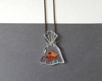 Goldfish in a Bag 2D Terrarium Faux Glass Bottle Necklace - Laser Cut Clear Acrylic - Pet Goldfish Aquarium Fish Bowl Terrarium Jewellery