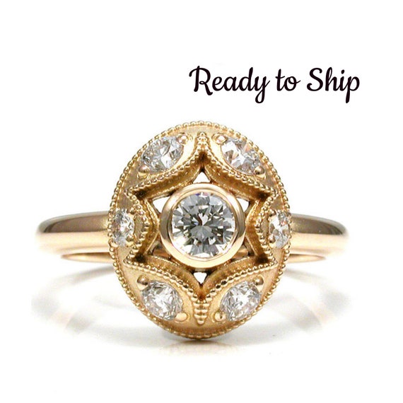 Ready to Ship Size 5 - 7 - Star and Oval Diamond Halo Engagement Ring - 18k Yellow Gold