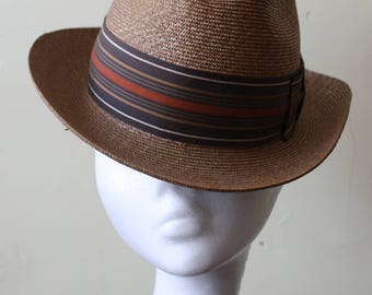 Golden Tan Woven Straw Vintage 50s Fedora Hat 6 3/4