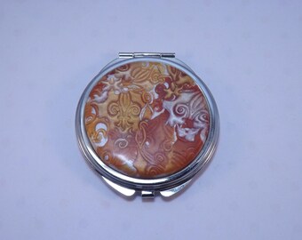 Polymer Clay Embellished Compact Purse Mirror,Gold, Copper & Pearl Fleur de Lis