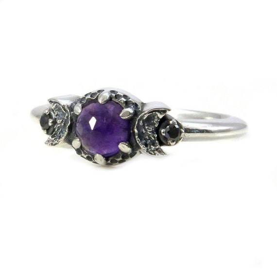 Amethyst Triple Moon Goddess Sterling Silver Moon Ring with Black Diamonds and Crescent Moons