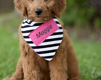 Striped Black and White Dog Bandana Custom Name Reversible