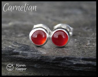 Red carnelian earrings, 5mm gemstone cabochon, sterling silver bezel, second earrings, stud earrings, ready to ship. 130