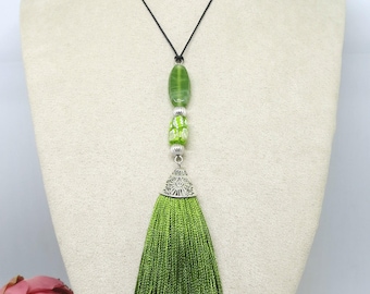 Green Tassel Pendant , Boho Pendant, Beaded Pendant, Pendant Necklace ,Tassel Pendant ,Handmade Jewellery ,Wearable Art ,OOAK, Tassel