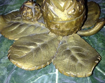 Antique brass leaf and pod inkwell
