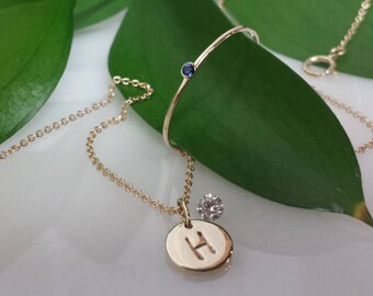 Solid 14kt gold Initial Pendant or Charm 14k white gold 14kt rose gold 14kt yellow gold circle disc, push present , gift , childs birthdate