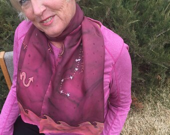 Scorpio Hand Painted Zodiac Silk Batik Scarf, Astrology gift for her, Gift for Mom, Horoscope scarves