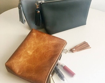 Leather Cosmetic bag / leather make up bag / Leather zipper pouch/ leather makeup bag / black leather / rose gold clutch