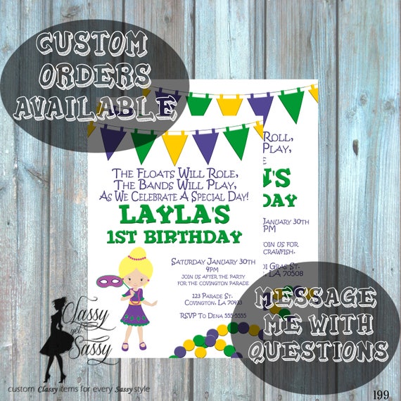 Mardi Gras Birthday Party Invitation, Mardi Gras Party, Parade party, New Orleans Baby, New Orleans Birthday Invitation-199