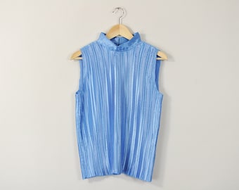 Micro Pleated Blouse, 90s Minimal Blouse, Issey Miyake Style Blouse, Baby Blue Top, Loose Fit Mock Neck Blouse, Spring Summer Blouse
