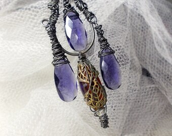 SALE Handmade Assemblage Pendant - Rustic Gothic Bead & Wire Chandelier Pendant - Faceted Purple Glass Long Teardrops, Dark Steel Wire Frame