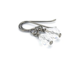 Niobium Earrings Clear Crystal Drops, Hypoallergenic Titanium Earrings for Sensitive Ears, Swarovski Crystal Teardrops, No Nickel Jewelry
