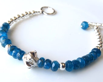 Apatite Silver Bracelet, Bright Blue Beaded Gemstone Jewelry, Delicate Fashion Bracelet, Gift for Her, Sterling Silver and Apatite