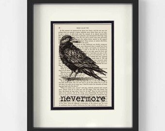 Edgar Allan Poe - Raven, Nevermore over Vintage Edgar Allan Poe Book Page - Edgar Allen Poe, Poe Git, Quoth The Raven Nevermore, Halloween