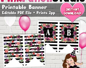 Editable Black and White Stripe Floral Banner Mother's Day Birthday Shower Anniversary PDF File INSTANT DOWNLOAD