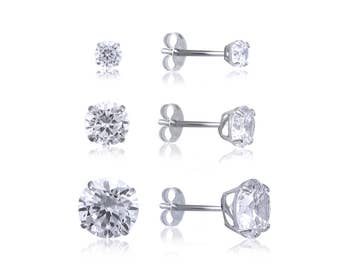 14K Solid White Gold Cubic Zirconia Round Solitaire Stud Earrings 2-7mm