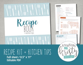 Printable and Editable Recipe Binder Kit, Instant Digital Download