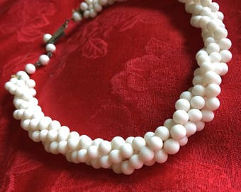 Vintage white glass bead braided / twisted necklace