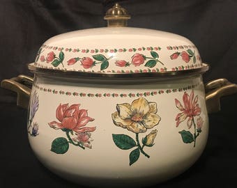 Vintage Enamel Ware Roasting Pan with Lid by Tabletops Unlimited Botanical Gardens Pattern Casserole Pan Soup Tureen