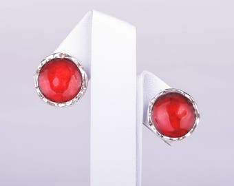 Ruby Red Enamel Stud Earrings, Sterling Silver