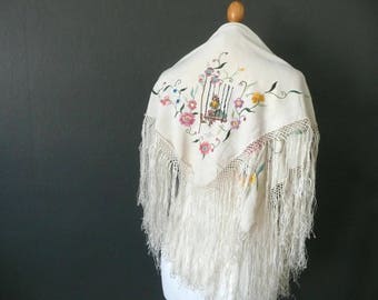 Antique piano shawl - 1920s embroidered silk shawl - vintage Chinese silk shawl - hand knotted tassel embroidered silk shawl