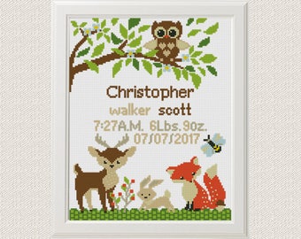 Baby cross stitch pattern pdf birth sampler birth announcement woodland Fox Deer Owl Cross Stitch Gift personalized unique baby boy diy gift