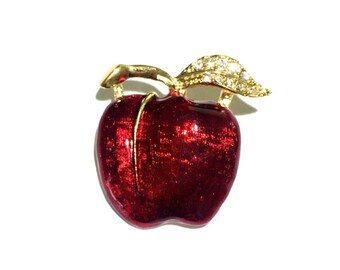 Enamel Apple Brooch, Apple, Rhinestone Brooch, 1"