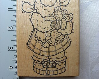 Darcie's Country Folk Lamb with Teddy Bear DESTASH Rubber Stamp, Used Rubberstamp, Sheep holding teddy bear stamp