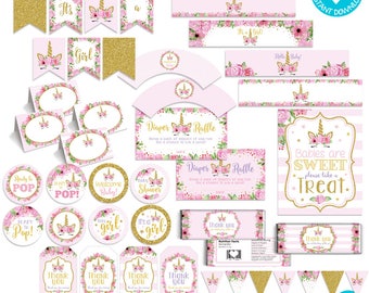 Unicorn, Flowers and Gold Glitter Baby Shower Print Yourself Party Package, Printable Baby Shower Decoration, Unicorn Baby Shower