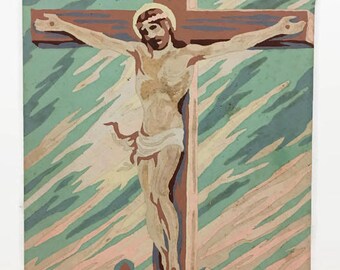 Vintage Paint by Numbers Jesus Crucifixion Painting, Midcentury PBN Art
