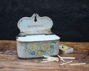 Old French tin matches box, vintage French match storage tin, antique ' allumettes ' match box, decorative tin box, France.