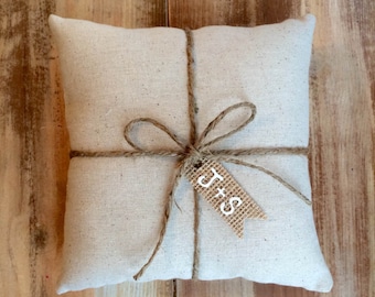Natural Cotton Ring Bearer Pillow With Jute Twine and Burlap Tag- Personalize With Initials- 3 Sizes -Wedding/Ceremony-Natural/Minimalist