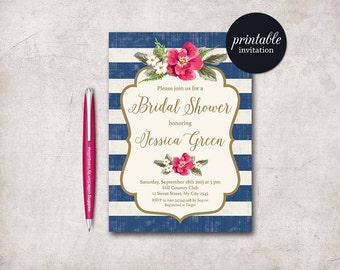 Nautical Bridal Shower Invitation Summer Bridal Shower Invitation Pink Navy Bridal Shower Invite Printable bridal shower invitation floral