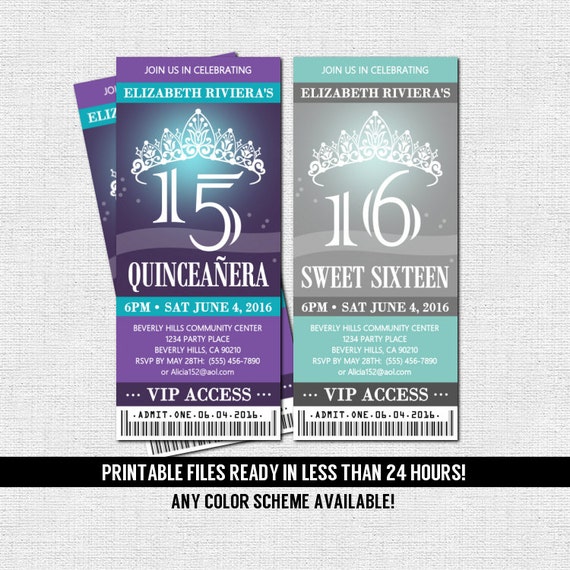 quinceanera or sweet 16 ticket invitations any color scheme