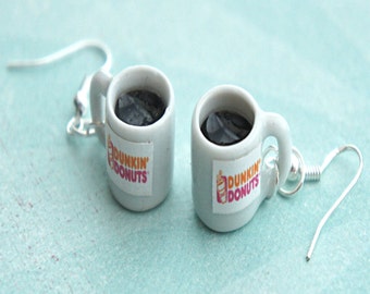 dunkin donuts coffee dangle earrings- miniature food earrings, coffee cup earrings, food jewelry