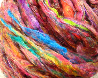 Silk Sliver 'Rainbow Gum' Soft, Luxurious, Pulled / Carded Multicolour Recycled Sari Silk Fibre for Spinning, Felting etc. 250gram Bulk Pack