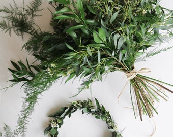 Fresh Greenery/Flower Crown & Bouquet Combo - REAL Foliage, REAL Flowers!
