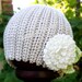 Crochet pattern baby beanie hat with chrysanthemum big flower and leaves in cottage chic pretty shabby girls style photography prop