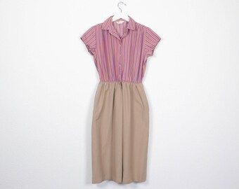 Vintage 80s Dress Midi Dress Khaki Skirt Rainbow Striped Blouse Knee Length 1980s Dress Secretary Dress Preppy Shirt Dress S Small M Medium