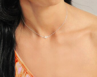 Cross Necklace, Cross Choker Necklace, Tiny Cross Necklace, Silver Cross Necklace, Gold Cross Necklace, Sideways Cross Necklace